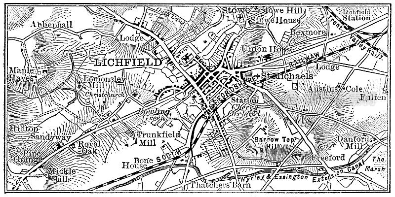 英国利奇菲尔德的古董地图- 19世纪
